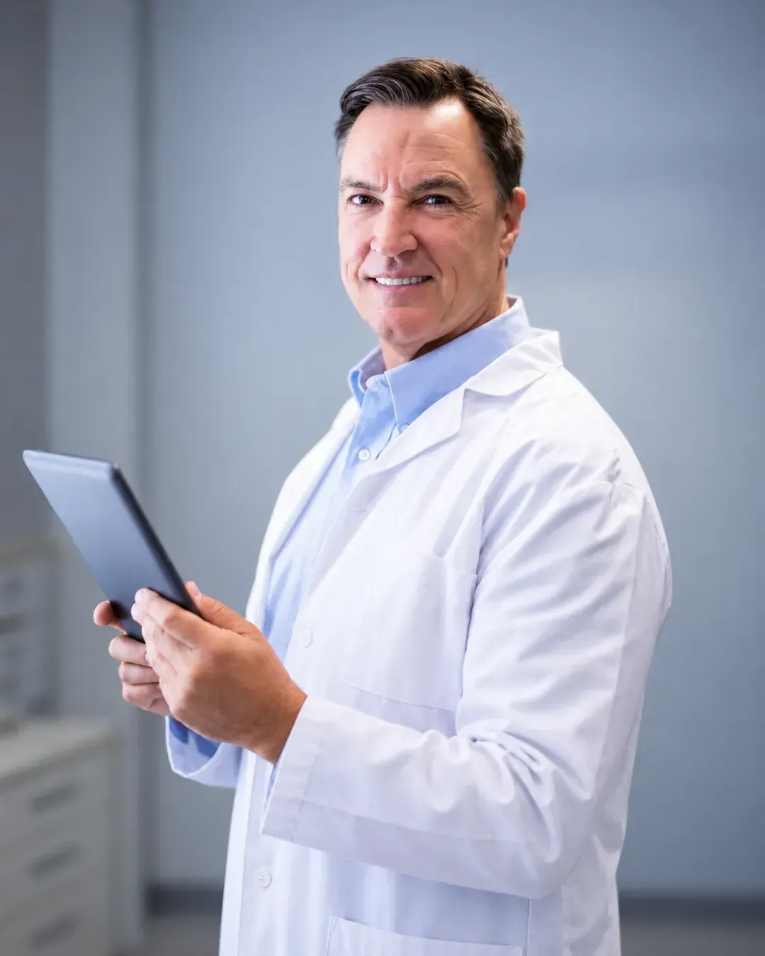 Médico de jaleco com tablet no consultório — acompanhamento de dados da captação de pacientes
